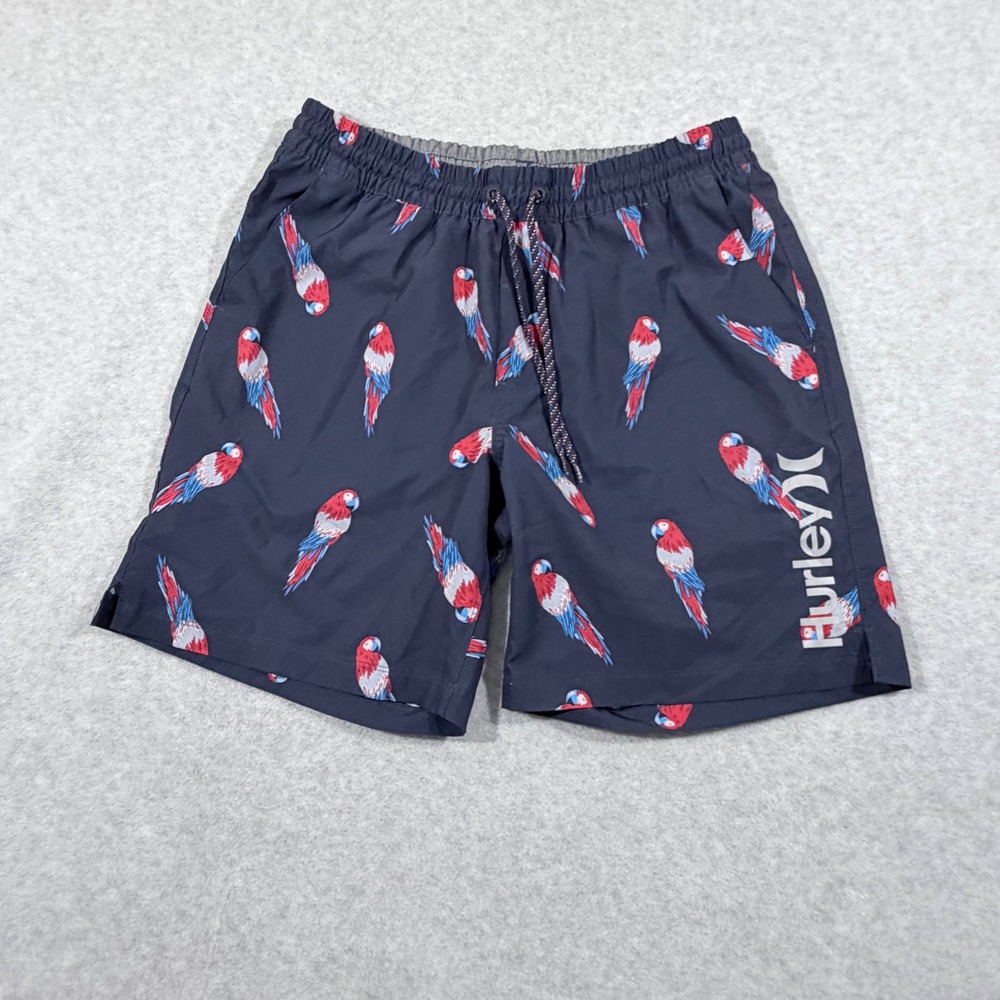 Hurley lined Swim Trunks Men Large Navy Blue Excellent Parrot Print Board Shorts